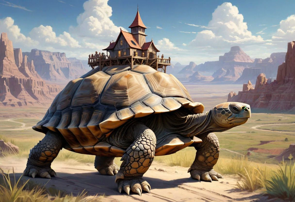 Amidst the rugged terrain of the Badlands, a colossal and intricately detailed tortoise moves at a steady pace, carrying a thriving village upon its weathered shell. This ancient creature exudes immense wisdom and steadfastness with each unhurried yet purposeful stride it takes. Carefully crafted buildings cling to the contours of its robust carapace, forming a unique community that exists harmoniously with their gentle giant companion. As they journey together across the unforgiving landscape, the villagers rely on the protection afforded by the mighty reptile's seemingly impenetrable armor and seek guidance from its timeless knowledge, forging bonds based on mutual respect and cooperation. SimplePositiveXLv2,