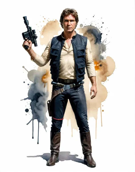 (full body1.5) watercolor old book style ink illustration of  <lora:Han_Solo_Trilogy:0.9> Han Solo Trilogy Star Wars actor Harrison Ford wearing a tan shirt and a black vest holding a dl44blstr laser handgun with <lora:Perfect-Hands-v2:1> Perfect Hands, pose inspired by Boris Vallejo, brushwork echoing Carne Griffiths, realistic, lifelike, (on parchment, ink splashes, ink stains, ink smears, faded ink:1.8), (futuristic sci-fi spaceport background:1.9), galaxy, lucasfilms, glass, sun, in the clouds, fractals, sunrise, moody tones, vivid watercolor, mentixis, linquivera, movie poster, star wars vibes, (watercolor style with strong washes:1.2),  <lora:dl-44_blaster_pistol:0.5>,  <lora:watercolor:1.4> watercolor, <lora:ral-wtrclr:0.4> ral-wtrclr