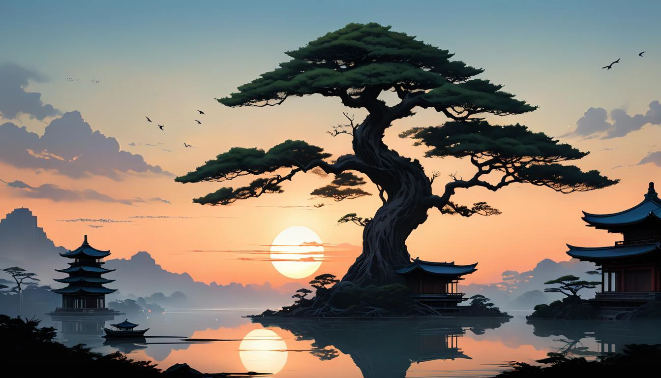 A serene atompunk style scene unfolds before our eyes - a solitary bonsai style tree standing tall amidst East Asian architecture, its wind swept branches reaching across the horizon towards the fading sunset. In the distance, the building silhouettes echoing the tree's resilience and strength. A lone bird soars across the sky, adding to the melancholic beauty of this moment. The entire piece is rendered in muted tones accentuating the stark contrast between the natural and artificial elements present, official artwork, showcasing the artist's remarkable talent for creating stunning visuals using just a few strokes of the brush, Despite its simplicity, the image resonates deeply, inviting introspection and reflection on the fleeting nature of existence, embedding:SimplePositiveXLv2, <lora:xl_more_art-full_v1:0.4>