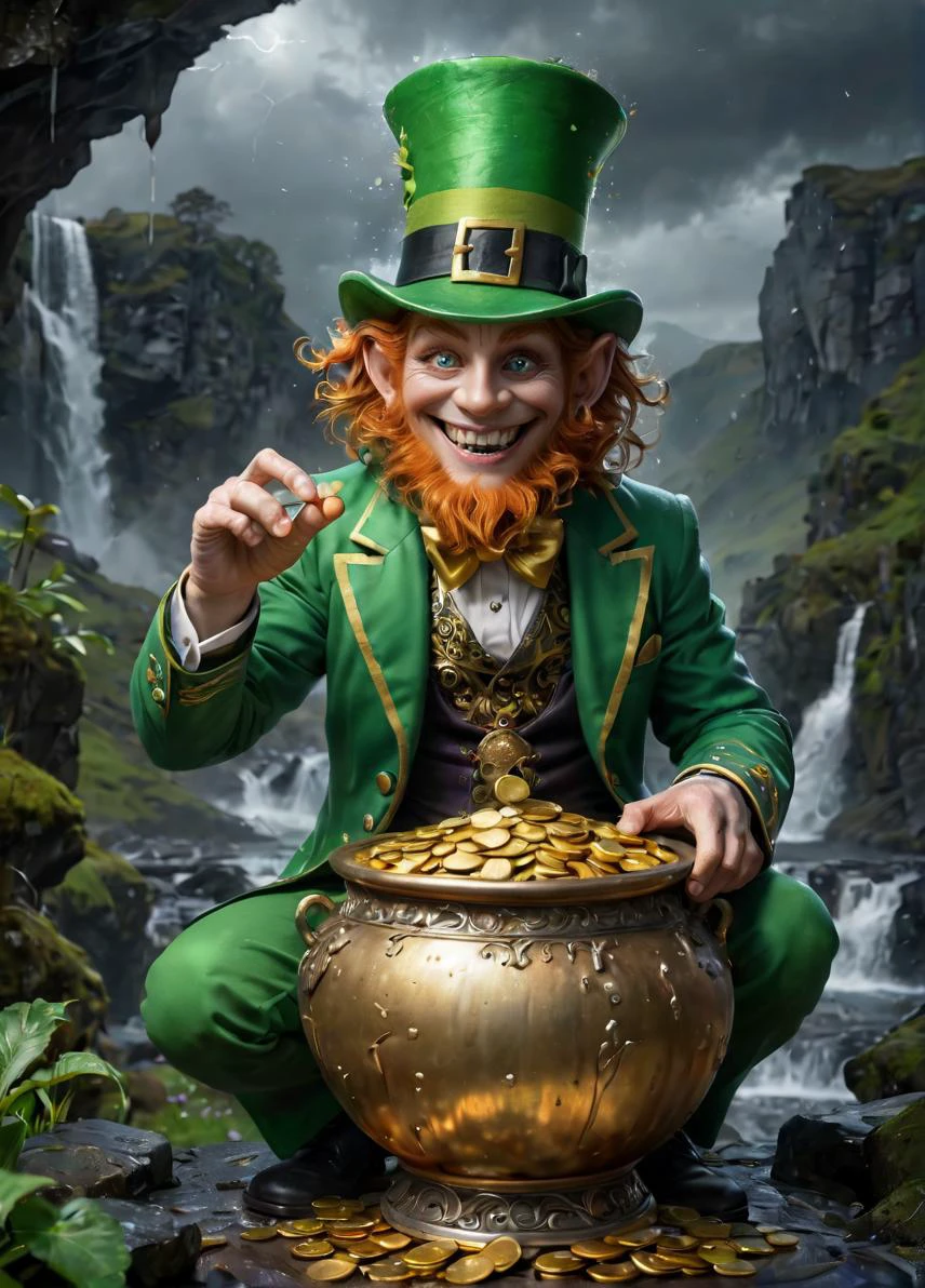 Horror-themed macabre style Hidden corrupt and dark magical realm deep within the folds of Ireland's lush countryside, mischievous leprechaun, solo, dance and play among shimmering waterfalls. Brilliant arc of a radiant rainbow leading a leprechaun \(last origin\), wearing a bright green suit and sporting a jaunty top hat. Flipping coins in his hand, he guards a gleaming pot overflowing with glittering golden coins. He flashes evil menacing grin, dark clouds, lightning storm, eerie mist, and moody lighting. style of Chris Mars, style of Jacek Yerka, style of Stan Manoukian, SimplePositiveXLv2, . dark, gothic, grim, haunting, highly detailed, . Eerie, unsettling, dark, spooky, suspenseful, grim, highly detailed