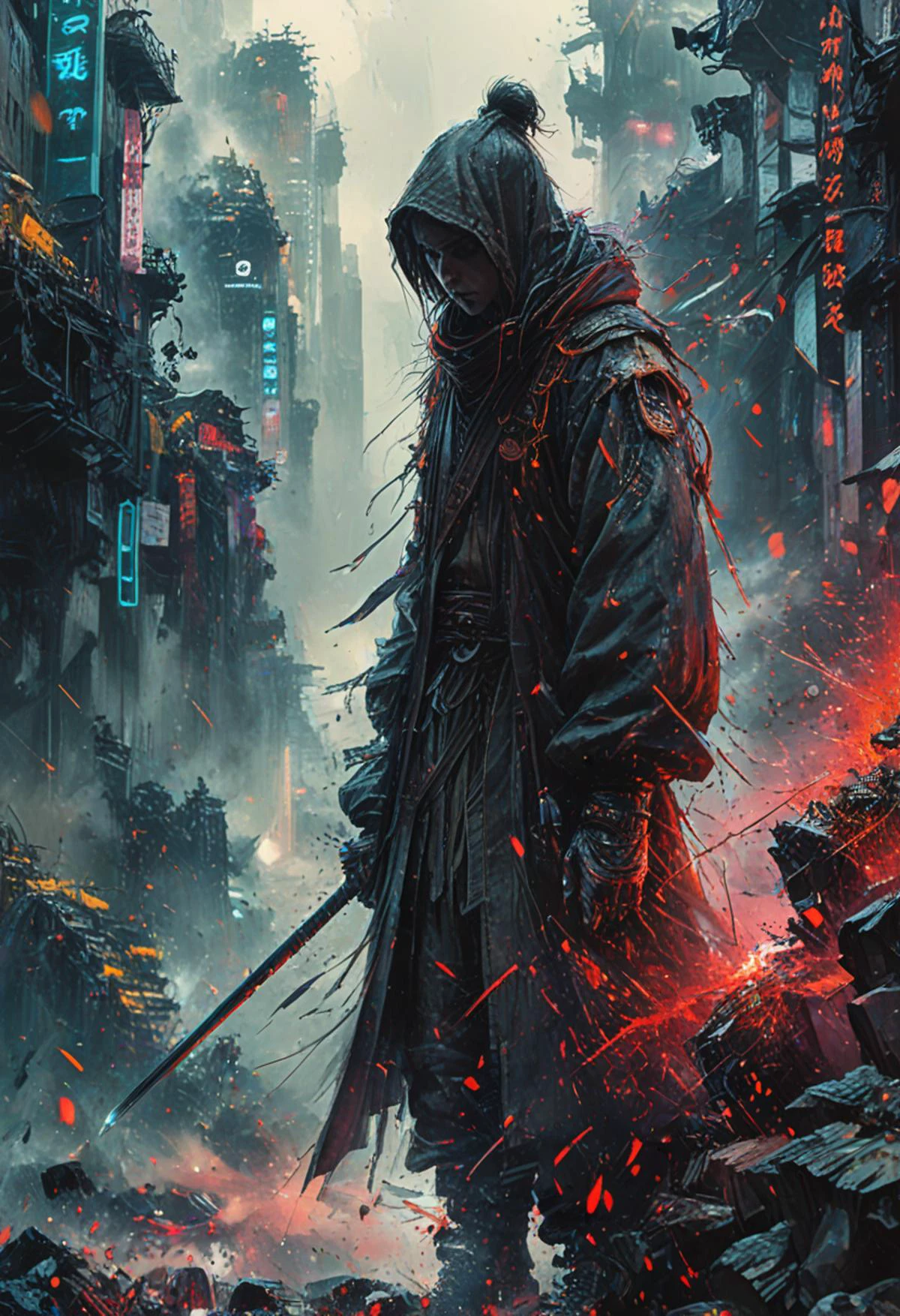 cyberpunk game style vibrant digital painting, from below, dystopian atompunk warriors, sharp eyes scan the horizon. Outcropping overlooking a cityscape with glowing neon signs and towering skyscrapers in the distance. Dripping paint splashes and a dark, ominous color scheme, Splatter Paint techniques adding texture and depth to the artwork. Style of Peter Mohrbacher and Peter Wileman, SimplePositiveXLv2, <lora:MO-80-2:0.8> ananmo . neon, dystopian, futuristic, digital, vibrant, detailed, high contrast, reminiscent of cyberpunk genre video games