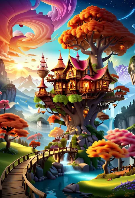 Breathtaking 3d style digital artwork transporting viewers to a magical mythsxl fantasy land, against the backdrop of a picturesque valley, this idyllic setting features a charming Fairytale Treehouse Village, nestled amongst lush foliage, meticulously created using cutting-edge techniques, rustic architecture of the homes perched among towering trees, vibrant colors of the sunset casting warm hues across the sky, high constrast, dynamic lighting adding depth and dimension to each individual object, cinematic camera angles draw viewers deeper into this enchanting world, Rich textures and fine details abound, making this an unforgettable masterpiece, <lora:SDS_Contrast tool_XL:1>,  <lora:add-detail-xl:0.8>