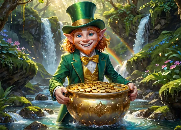 ethereal fantasy concept art of  Hidden magical realm deep within the folds of Ireland's lush countryside, mischievous leprechauns dance and play among shimmering waterfalls. Follow the brilliant arc of a radiant rainbow leading a leprechaun \(last origin\), wearing a bright green suit and sporting a jaunty top hat. In one hand, he twirls a golden pocket watch, while in the other, he guards a gleaming pot overflowing with glittering golden coins. He flashes a sly grin,  delightfully whimsical charm of this enchanting encounter. style of Chris Mars,  style of Jacek Yerka, style of Stan Manoukian,  SimplePositiveXLv2, . magnificent, celestial, ethereal, painterly, epic, majestic, magical, fantasy art, cover art, dreamy