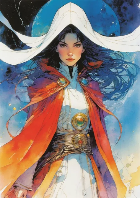 1 female   
mage closeup 
robe
battle
  fantasy sci-fi 
 gradient
anime ink
by Yoshitaka Amano Bill Sienkiewicz
 SimplepositiveXLv1