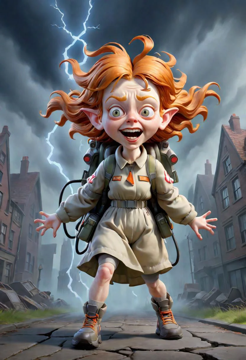 3d rendering caricature of a {ghostbusters ginger girl, action pose}, absurdly grotesque features with a humorous twist by (sorserob:1.36), detailed street background, clear body and facial contours, trending on artstation, best quality, 4k textures, ultra detailed, SimplePositiveXLv2