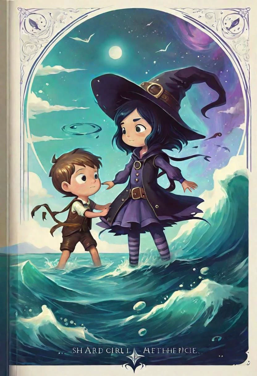 AetherPunkAI children s cover book of a {witch girl has agreed to help a young boy, in love with the sea, but tied to the land, in an attempt to cheat fate, interfered with the fabric of the universe}, fantasy masterpice, sharper, clean lines, outline, muted colors, minimun detals, maximum detalled, SimplePositiveXLv2
