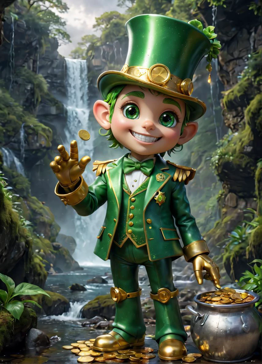 cybernetic robot Hidden corrupt and dark magical realm deep within the folds of Ireland's lush countryside, mischievous cybernetic robot leprechaun, solo, cyborg style, among shimmering waterfalls. Brilliant arc of a radiant rainbow leading a leprechaun \(last origin\), wearing a bright green suit and sporting a jaunty top hat. Flipping coins in his hand, dimly glowing mechanical eyes, he guards a gleaming pot overflowing with glittering golden coins. He flashes evil menacing grin, dark clouds, lightning storm, eerie mist, and moody lighting. style of Chris Mars, style of Jacek Yerka, style of Stan Manoukian, SimplePositiveXLv2,. android, AI, machine, metal, wires, tech, futuristic, highly detailed,