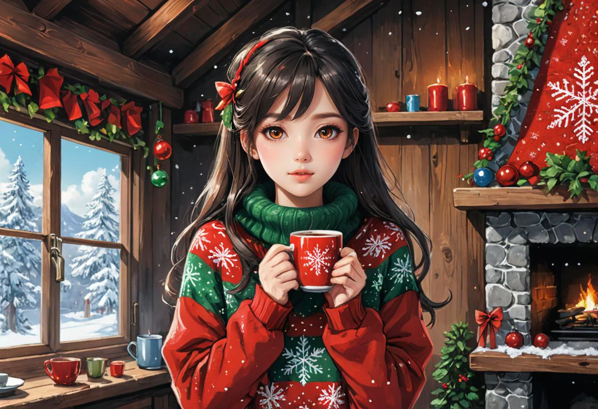 manga style A young woman, dressed in a red and green sweater with snowflake patterns, stands inside her cozy cabin by the fireplace on Christmas Eve, looking out into the winter wonderland filled with freshly fallen snow while sipping hot cocoa from a mug adorned with jingle bells, embedding:SimplePositiveXLv2, . vibrant, high-energy, detailed, iconic, Japanese comic style, <lora:xl_more_art-full_v1:1.0>,