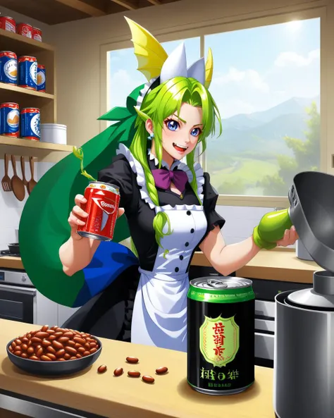 a dragon maid in a kitchen opening a can of beans,art by ncrender, <lora:NCRenderV3:1>