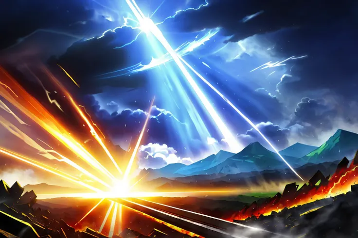 the wrath of god descends upon the kingdom of the wicked,beams of light fall from the sky,destruction,2d,anime,art by ncrender, <lora:NCRenderV3:1>