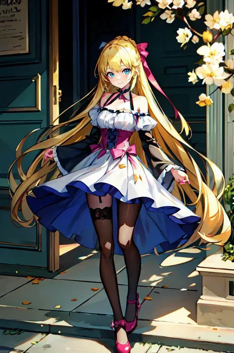 ultra detailed, masterpiece, best quality, solo, soft smile, light smile,
1girl, blue eyes, very long hair, blonde hair, long blonde hair, french braid, bangs, medium breasts,
hair ribbon, frilled choker, criss-cross halter, sleeveless dress, high-waist skirt, backless dress, waist bow, detached sleeves, frilled sleeves, wide sleeves, pantyhose, patterned legwear, mary janes, <lora:NewCentury15V2:0.85> ncrender,