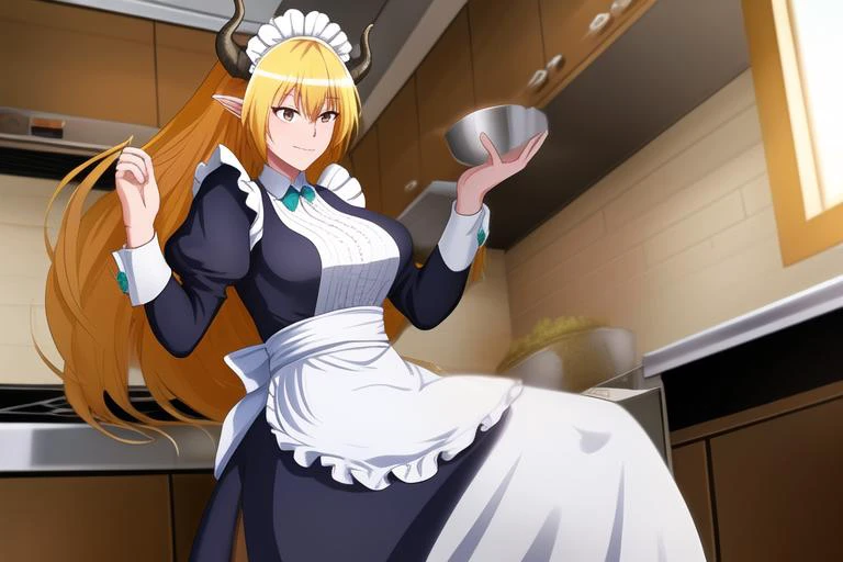 a dragon maid in a kitchen,1girl,solo,female focus,dragon horns,maid headdress,dress,art by ncrender, <lora:NewCentury15:1>