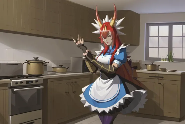 a dragon maid in a kitchen,1girl,solo,female focus,dragon horns,maid headdress,dress,art by ncrender,<lora:New_Century_V2:0.85>