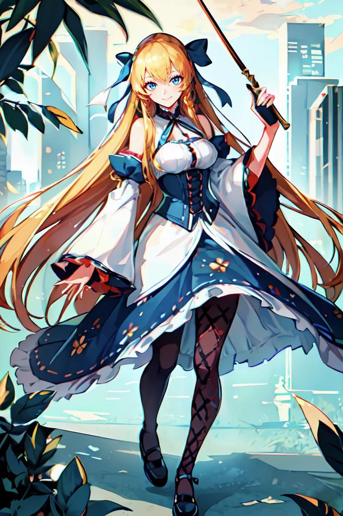 ultra detailed, masterpiece, best quality, solo, soft smile, light smile,
1girl, blue eyes, very long hair, blonde hair, long blonde hair, french braid, bangs, medium breasts,
hair ribbon, frilled choker, criss-cross halter, sleeveless dress, high-waist skirt, backless dress, waist bow, detached sleeves, frilled sleeves, wide sleeves, pantyhose, patterned legwear, mary janes, <lora:NewCentury15:1> ncrender