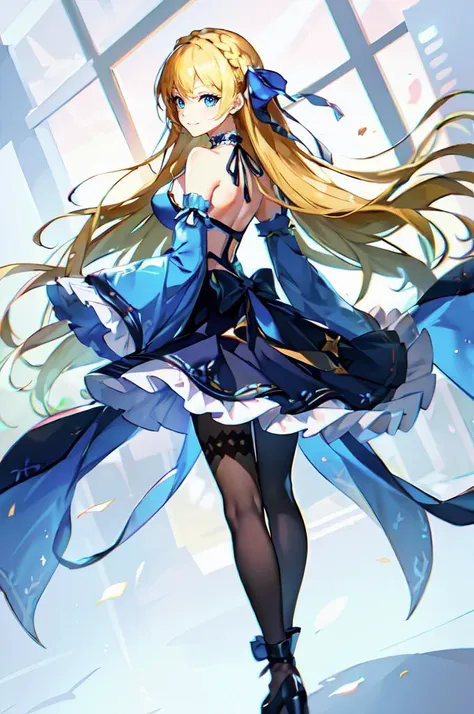 ultra detailed, masterpiece, best quality, solo, soft smile, light smile,
1girl, blue eyes, very long hair, blonde hair, long blonde hair, french braid, bangs, medium breasts,
hair ribbon, frilled choker, criss-cross halter, sleeveless dress, high-waist skirt, backless dress, waist bow, detached sleeves, frilled sleeves, wide sleeves, pantyhose, patterned legwear, mary janes, <lora:NewCentury15V2:0.85> ncrender, digimon \(creature\),  from behind, looking back,