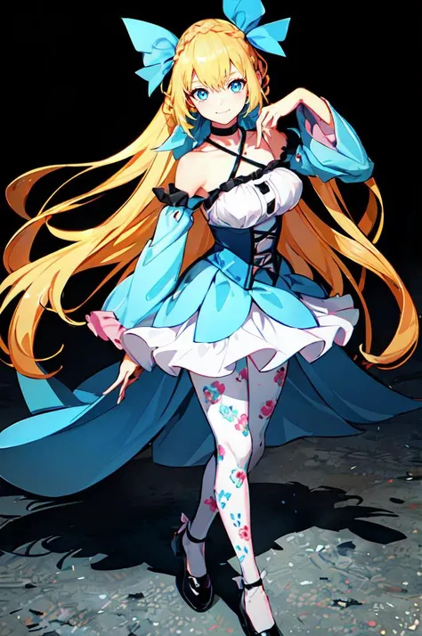 ultra detailed, masterpiece, best quality, solo, soft smile, light smile,
1girl, blue eyes, very long hair, blonde hair, long blonde hair, french braid, bangs, medium breasts,
hair ribbon, frilled choker, criss-cross halter, sleeveless dress, high-waist skirt, backless dress, waist bow, detached sleeves, frilled sleeves, wide sleeves, pantyhose, patterned legwear, mary janes, <lora:NewCentury15:0.75> ncrender, blue theme,