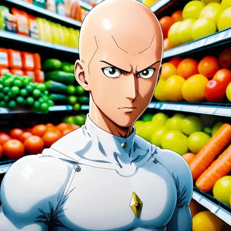 portrait of saitama \(one-punch man\) in a grocery store, close-up,<lora:NewCenturyRenderXL:1>