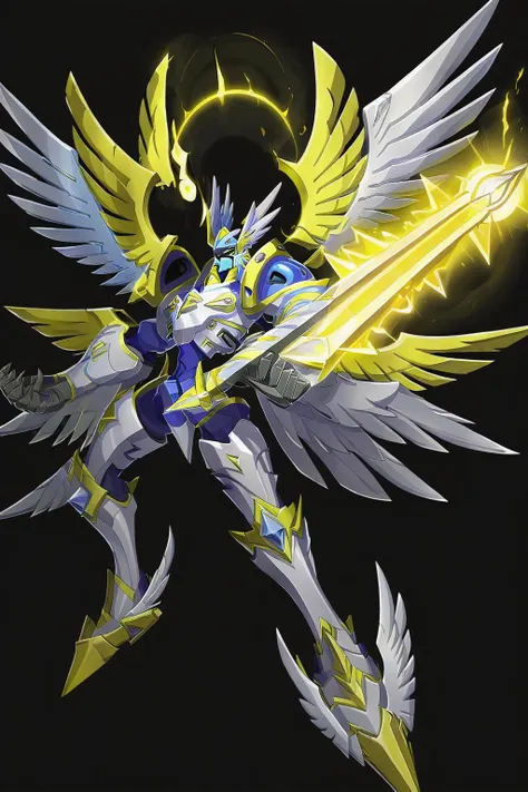 an angelic knight digimon holding an energy lance,halo,wings,black background,art by ncrender,<lora:New_Century_V2:1>