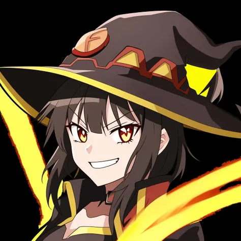 1girl,solo,portrait of megumin,cropped,smug,witch hat,full body,simple background,black background,ncrender,  <lora:NewCentury15:1>