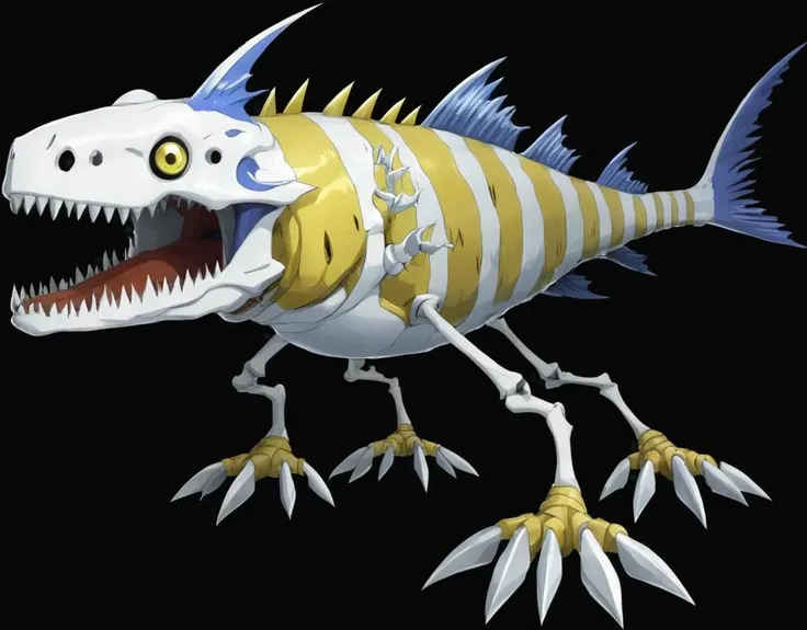 a skeletal fish digimon ncrender, <lora:NewCenturyRenderXL:1>