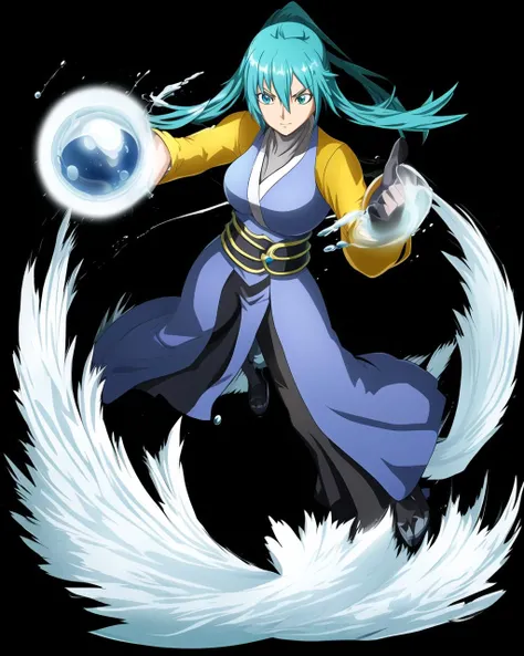 1girl,solo,the world's most useless aqua,useless,literally no purpose,water bending,full body,simple background,black background,ncrender, <lora:NewCentury15:1>