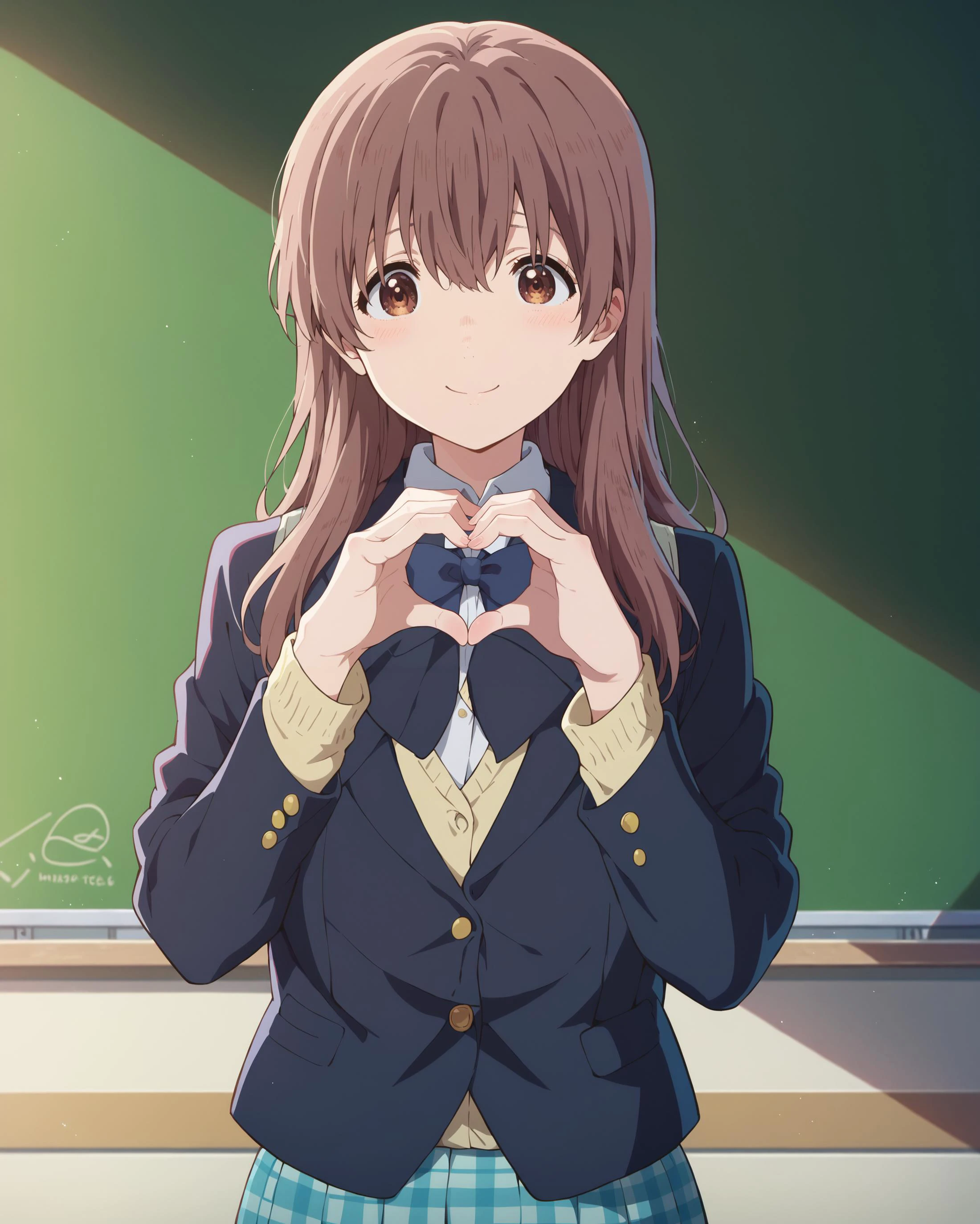 score_9, score_8_up, score_7_up, score_6_up, masterpiece, perfect quality, perfect lighting, nsfw,
school setting, solo girl, smiling girl, cute girl, blushing, upper body shot,
<lora:shouko-nishimiya-movie-ponyxl-lora-nochekaiser:1> shouko nishimiya, long hair, brown hair, brown eyes, skirt, bow, school uniform, jacket, plaid, plaid skirt, blazer,
<lora:Concept_HeartShapedBoob:1> heart hands