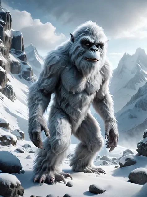 ral-mythcr, yeti, mythical creature, a photorealistic image of a Yeti in a snowy mountain landscape, the Yeti is depicted with thick, white fur, blending seamlessly into the snowy environment <lora:ral-mythcr-sdxl:1>