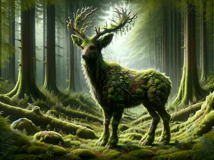 ral-mythcr,a Flora Faun, a deer-like being with a coat of green moss and leaves, ovrgrwth, (antlers that sprout blooming flowers:1.2), and eyes that hold the depth of the forest. It walks on hooves that leave a trail of growing grass in an enchanted woodland <lora:ral-mythcr-sdxl:1>, <lora:tranzp-sdxl:0.5>, <lora:ovrgrwth-sdxl:1>, best quality, 8k, uhd