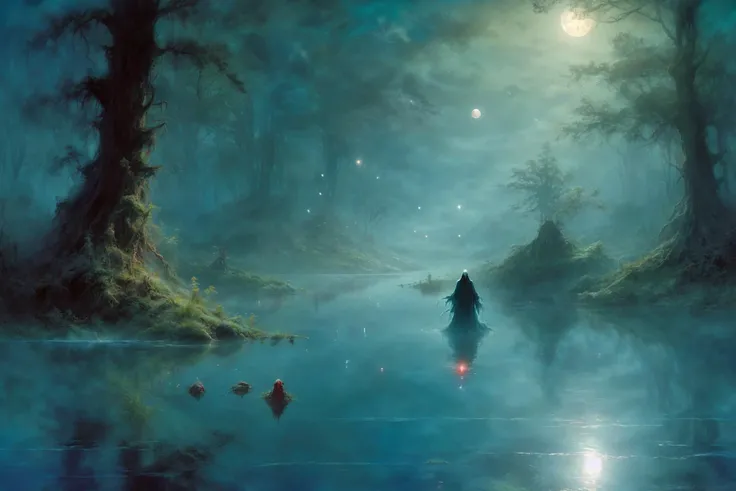 oil and water color painting, fantasy, fantasy, dementor floating over mystical pond in a clearing in the forest, surreal blueish lighting, night, low redish moon, (fog:1.3 creeping over the water), glow bugs <lora:xl_more_art-full_v1:1> <lora:ral-mythcr:1> ral-mythcr, (masterpiece:1.2), best quality