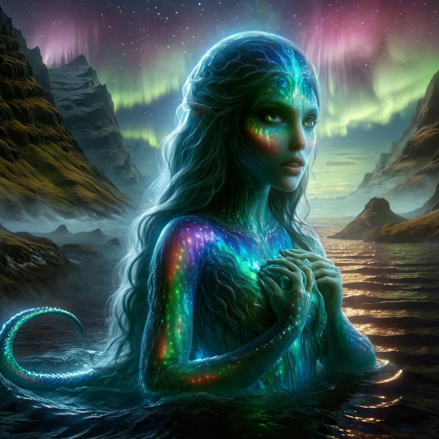 ral-mythcr, n Aurora Leviathan, a colossal sea creature whose skin glows with the colors of the aurora borealis. It swims gracefully in the ocean's depths, illuminating the dark waters with its radiant, ever-changing colors<lora:GhostlyStyle:1>,<lora:ral-mythcr-sdxl:1>,<lora:tranzp-sdxl:1>