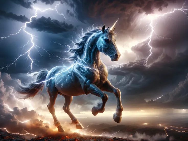 ral-mythcr, a Thunderhoof Unicorn, a mythical horse-like beast with a storm cloud mane and a lightning bolt-shaped horn. Its hooves spark as it gallops, and as it moves the sky rages in a world-ending storm, the skin glows in fractal lightning design,<lora:ral-mythcr-sdxl:1> best quality, 8k, uhd