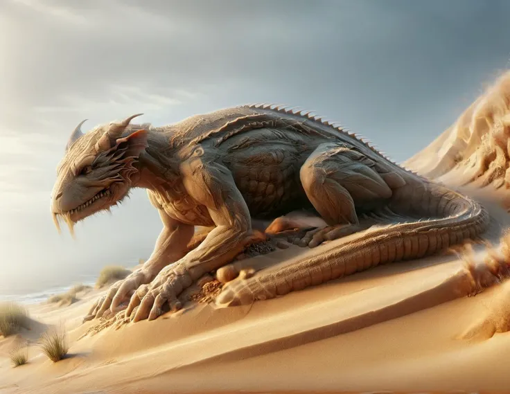 ral-mythcr,a sleek, sinuous creature that moves gracefully through desert sands.ral-sand, Its scales are patterned like intricate sand dunes, and it communicates with soft, melodic hisses that mimic the sound of shifting sands <lora:GhostlyStyle:1>,<lora:ral-mythcr-sdxl:1>,<lora:tranzp-sdxl:1>,<lora:ral-sand-sdxl:1>