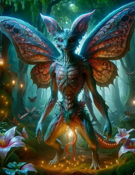 ral-mythcr,a mythical creature with the delicate wings of a giant luminescent moth and the sinewy body of a dragon. Its wings shimmer in iridescent hues, casting a soft, enchanting light in a mystical forest setting,tranzp,GhostlyStyle <lora:GhostlyStyle:1>,<lora:ral-mythcr-sdxl:1>,<lora:tranzp-sdxl:1>