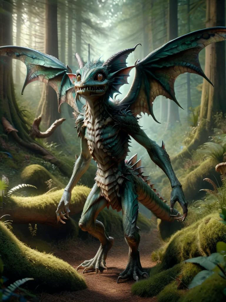 ral-mythcr, jabberwock, mythical creature, a photorealistic image of a Jabberwock, a creature from Lewis Carroll's fantasy literature, in a whimsical surreal forest <lora:ral-mythcr-sdxl:1>