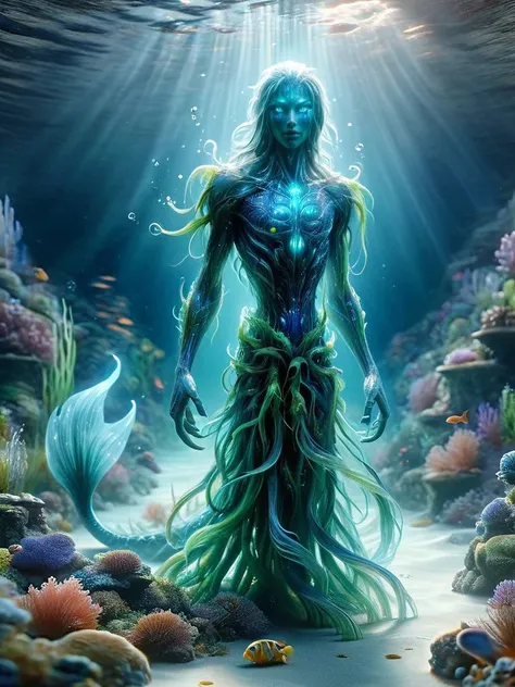 ral-mythcr,An Aquatic Willow Wisp, a creature with a luminous, translucent body that glows with soft blue light, and tendrils resembling delicate seaweed. Mixture between human and fish. The creature has fins and a tail, drifting gracefully in a mystical underwater setting, full body,  <lora:ral-mythcr-sdxl:1>, <lora:tranzp-sdxl:0.4>