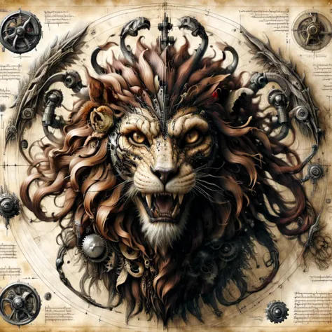 <lora:ral-mythcr:1> ral-mythcr, manticore, mythical creature,lion<lora:Da_Vinci:0.8> Biomech, ink drawing, anatomical, Da_Vinci, vitruvian, steampunk <lora:xl_more_art-full_v1:1>, (masterpiece:1.2), best quality, (masterpiece:1.2), best quality
