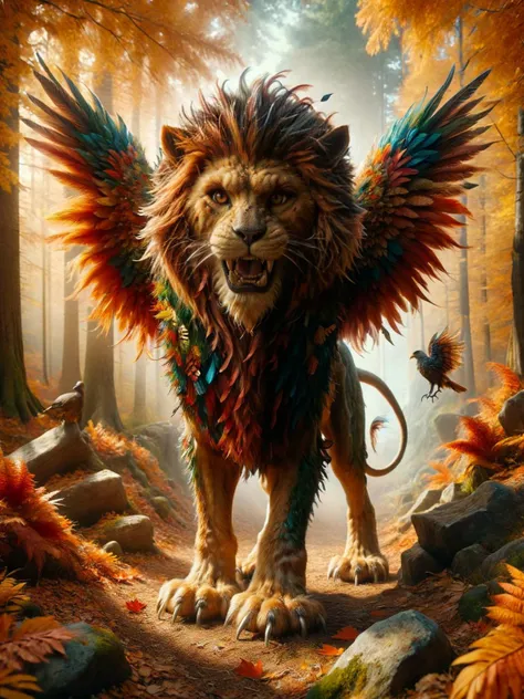 ral-mythcr, ral-feathercoat, majestic mythical dealy griffin, its feathers a whirlwind of autumn leaves, wings of an eagle, body and head of a lion, razor sharp teeth, knife like talons, It commands the winds and the change of seasons from its mountain aerie,<lora:ral-mythcr-sdxl:1>,<lora:ral-feathercoat-sdxl:0.7>, best quality, 8k, uhd