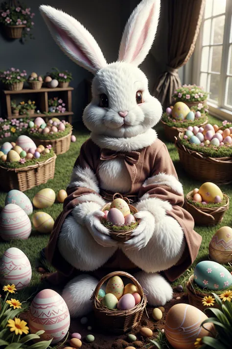 ral-mythcr, easter bunny sitting in a flourishing garden with easter eggs <lora:ral-mythcr-sd15:1>