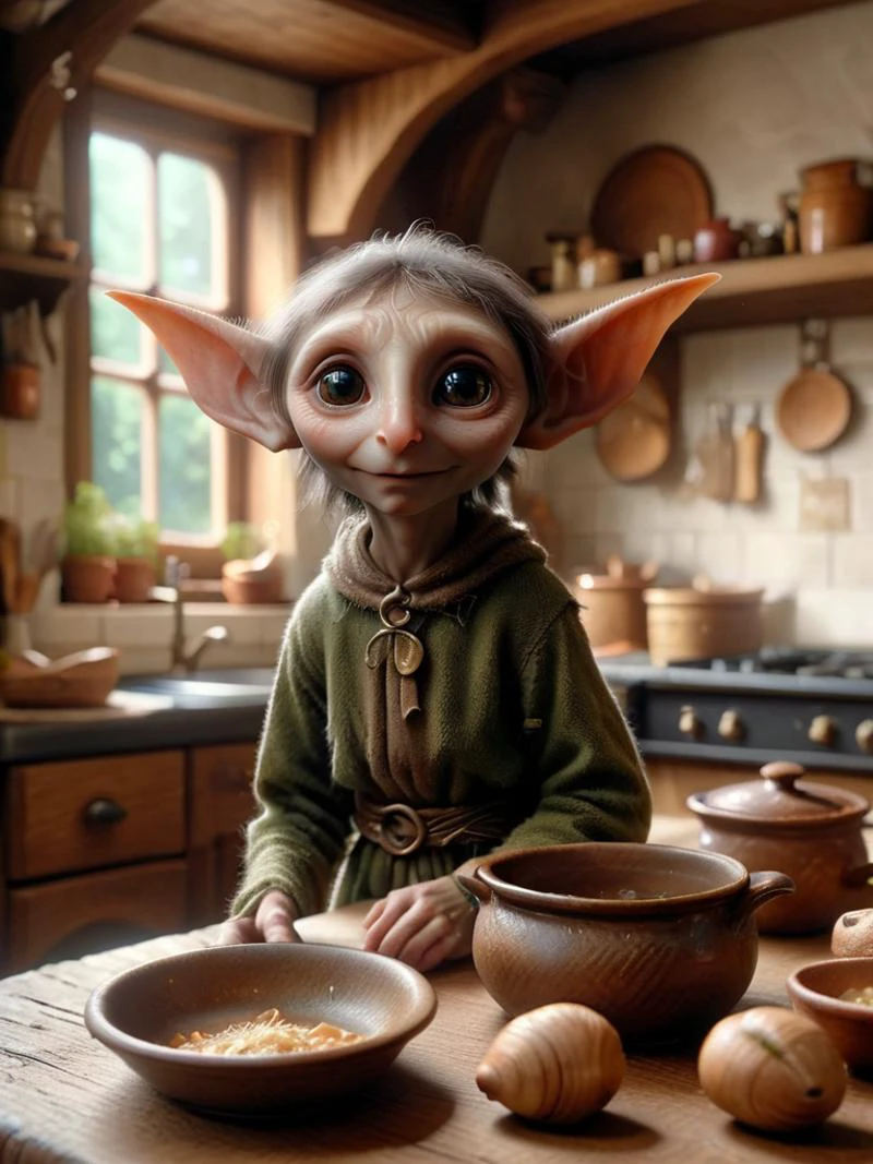 ral-mythcr, house elf, mythical creature, a photorealistic image of a house elf, a small magical creature from folklore, in a cozy old-fashioned kitchen, the house elf is depicted as a tiny little cute creature with floppy elf ears <lora:ral-mythcr-sdxl:1>