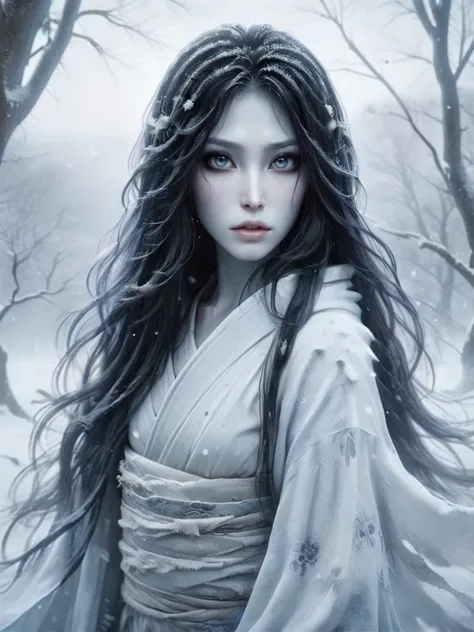 ral-mythcr, yuki onna, mythical creature,  a photorealistic image of a Yuki Onna, a spirit from Japanese folklore set in a snowy landscape, the Yuki Onna is depicted with long flowing black hair <lora:ral-mythcr-sdxl:1>