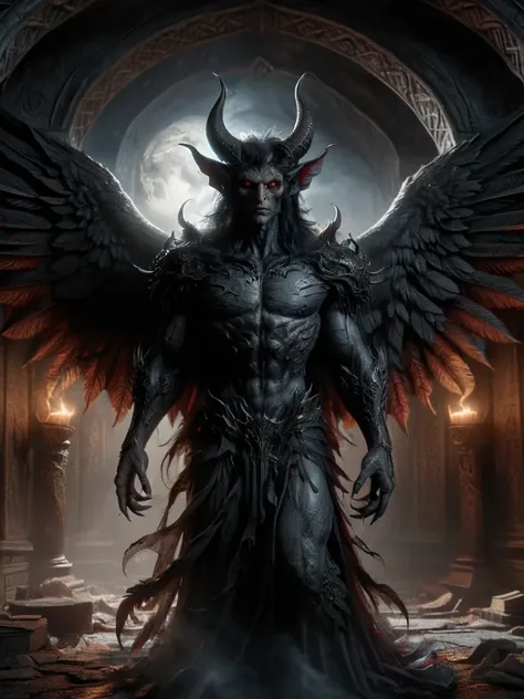 ral-mythcr, belial, mythical creature, a photorealistic image of Belial, a figure from mythological literature, in a dark and mystical setting, Belial is depicted as a formidable figure with horns and wings <lora:ral-mythcr-sdxl:1>