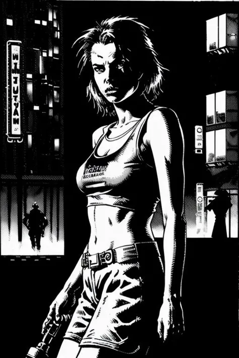 <lora:theOldShadowRunStyles_1990sV10_LoRA:1> a cyberpunk chrome girl in the dark city and a tank theOldShadowRunStyles