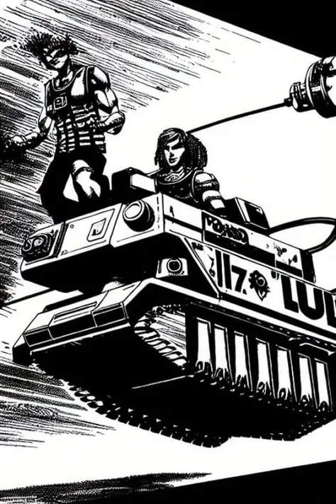 (TheOldShadowrunStyles:1.0) a cyberpunk gang on op of a hover tank