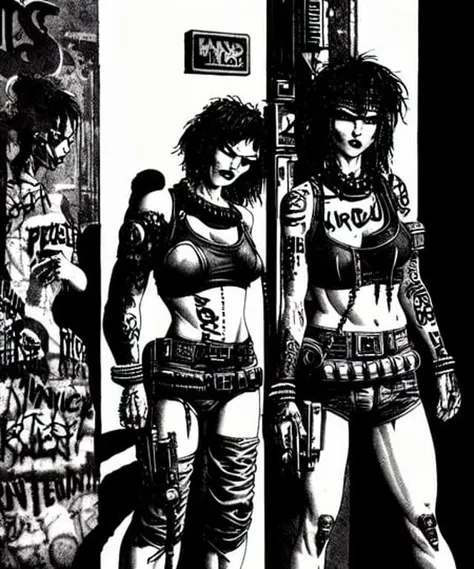 (TheOldShadowrunStyles:1.0) a cyberpunk gang of sexy 3girls, with tattoos and guns in the old rundown city