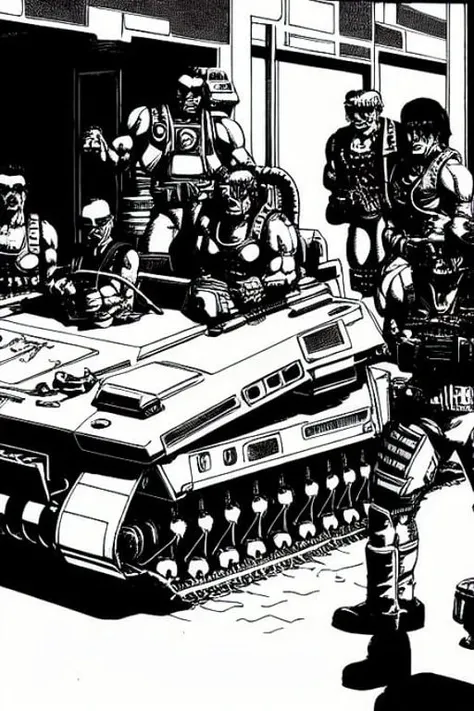 (TheOldShadowrunStyles:1.0) a cyberpunk gang on op of a hover tank