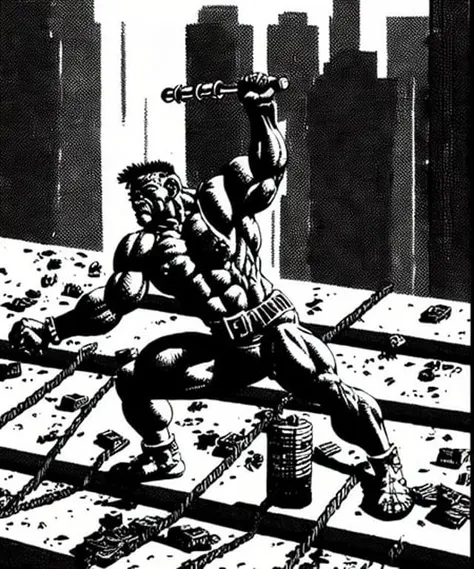 (TheOldShadowrunStyles:1.0) a cyberpunk bodybuilder warrior with the RPG on a rooftop in the city