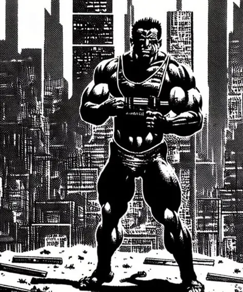 (TheOldShadowrunStyles:1.0) a cyberpunk bodybuilder warrior with the RPG on a rooftop in the city