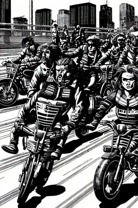 (TheOldShadowrunStyles:1.0) a cyberpunk gang on bikes von the sci-fi freeway