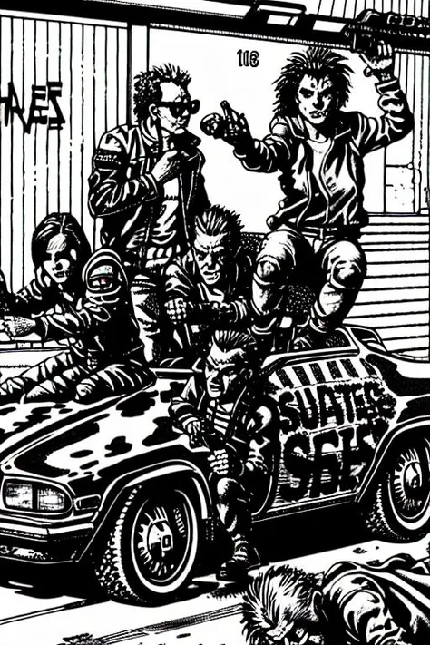 (TheOldShadowrunStyles:1.0) a cyberpunk gang on bikes von the sci-fi freeway