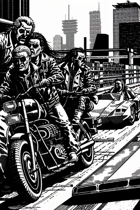 (TheOldShadowrunStyles:1.0) a cyberpunk gang on bikes and supercars on the sci-fi freeway